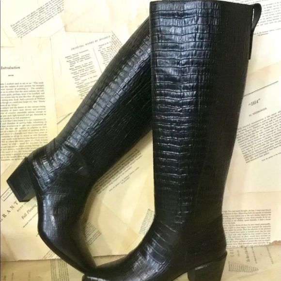 Urban Outfitters Vagabond Shoemakers Betsy Knee High Boot Black Leather Croc - Picture 3 of 7